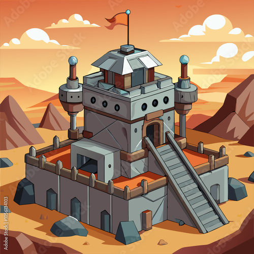 A meticulously crafted cartoon illustration of a medieval castle in a desert setting. The detailed design and vibrant color palette bring this fortress to life.