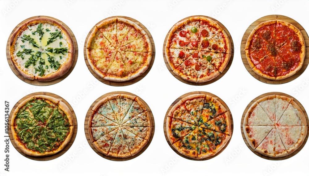 Set of different pizzas top view set. isolated on white background. pesto pizza, BBQ chicken pizza, fajita pizza, Italian pizza. Set of different pizzas top view set. isolated on white background. pesto pizza, BBQ chicken pizza, fajita pizza, Italian pizza.