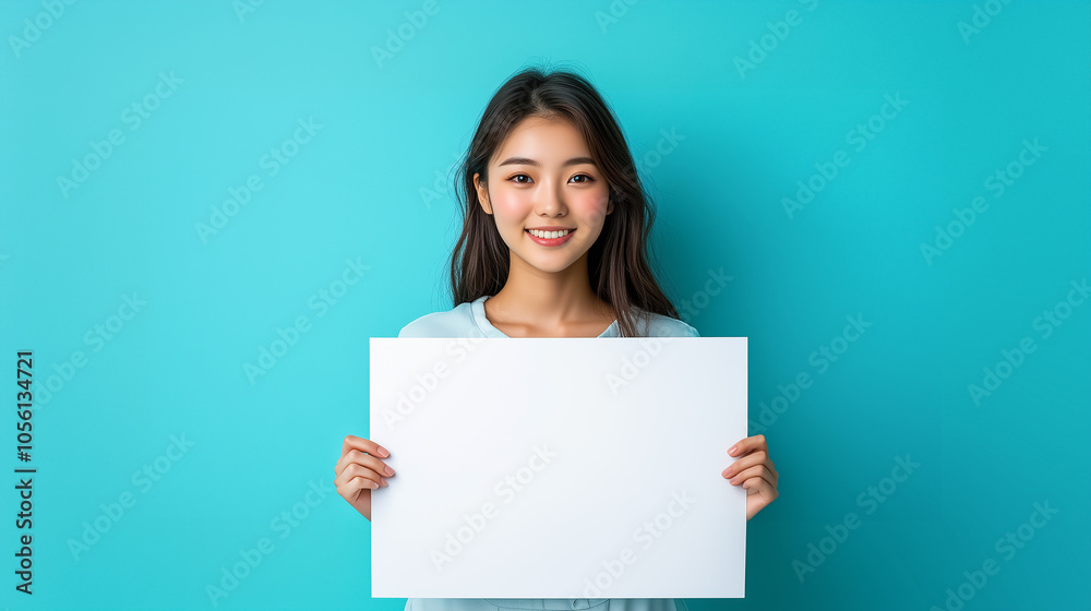 Young smiling asian woman holding a large blank white paper in both hands against a soft pastel blue background. Young smiling asian woman holding a large blank white paper in both hands against a soft pastel blue background.