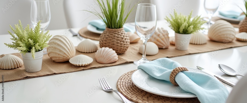 Beach-themed summer table setup featuring seashell centerpieces driftwood accents and coastal-inspired decor for a seaside meal.