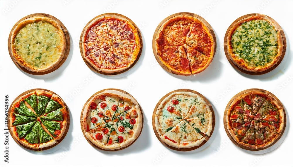 Set of different pizzas top view set. isolated on white background. pesto pizza, BBQ chicken pizza, fajita pizza, Italian pizza. Set of different pizzas top view set. isolated on white background. pesto pizza, BBQ chicken pizza, fajita pizza, Italian pizza.