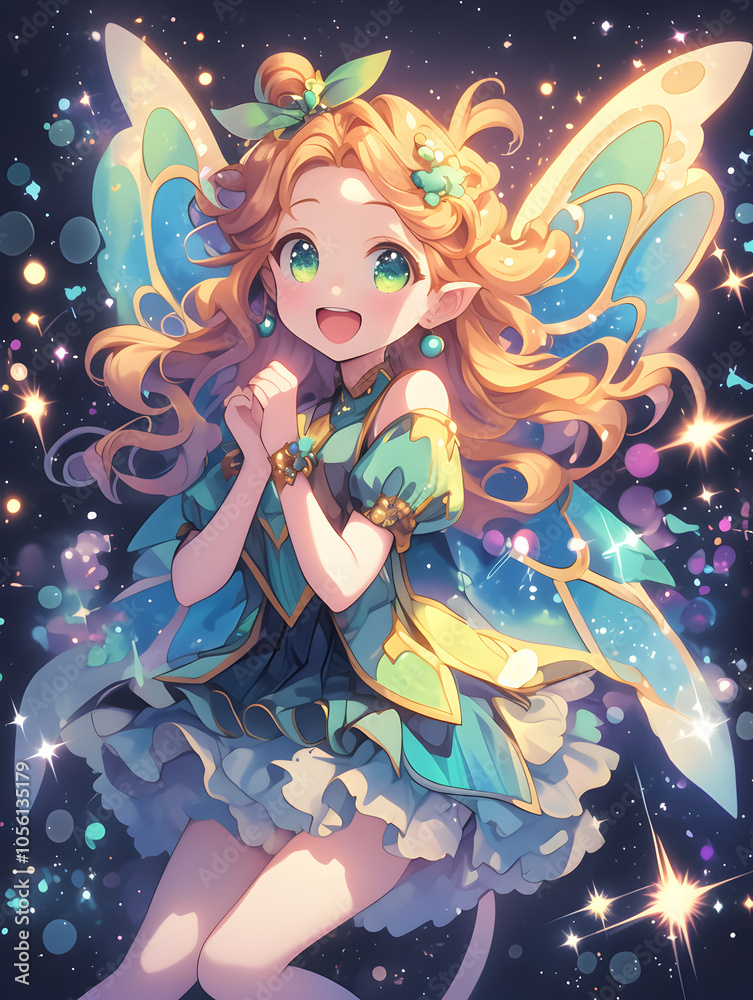 A cheerful anime fairy girl with glowing wings and a starry background. A cheerful anime fairy girl with glowing wings and a starry background.