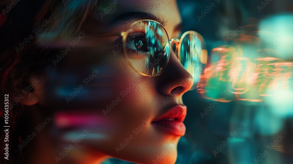 Profile of a young woman wearing glasses in a colorful abstract light