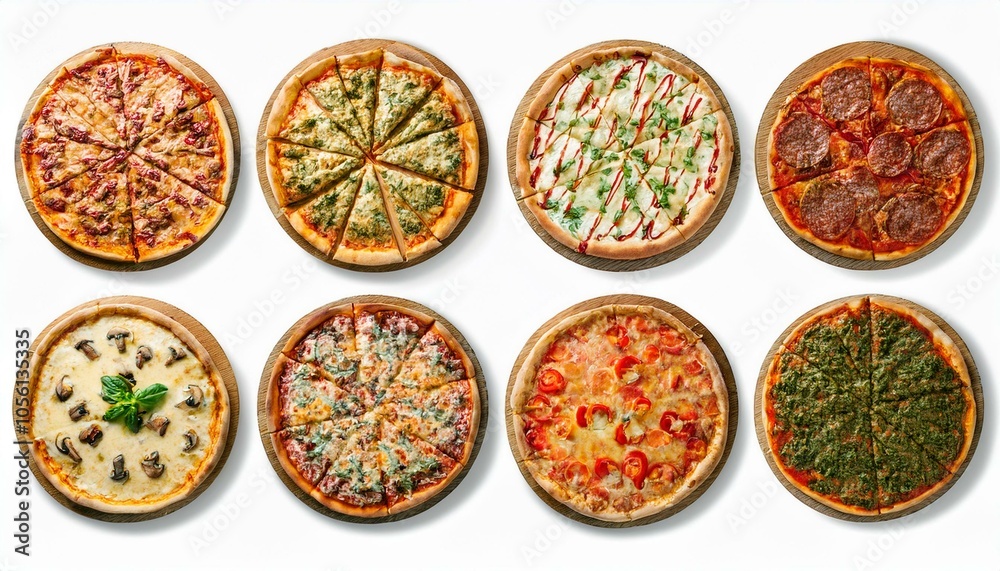 Set of different pizzas top view set. isolated on white background. pesto pizza, BBQ chicken pizza, fajita pizza, Italian pizza. Set of different pizzas top view set. isolated on white background. pesto pizza, BBQ chicken pizza, fajita pizza, Italian pizza.