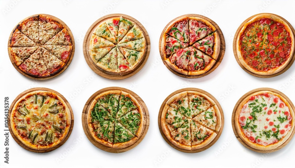 Set of different pizzas top view set. isolated on white background. pesto pizza, BBQ chicken pizza, fajita pizza, Italian pizza. Set of different pizzas top view set. isolated on white background. pesto pizza, BBQ chicken pizza, fajita pizza, Italian pizza.