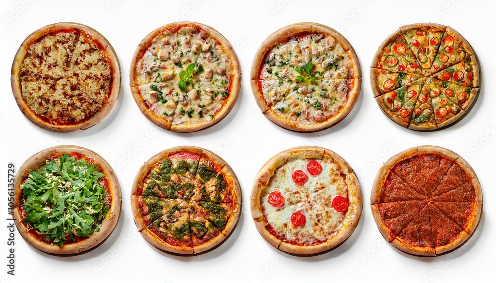Set of different pizzas top view set. isolated on white background. pesto pizza, BBQ chicken pizza, fajita pizza, Italian pizza. Set of different pizzas top view set. isolated on white background. pesto pizza, BBQ chicken pizza, fajita pizza, Italian pizza.