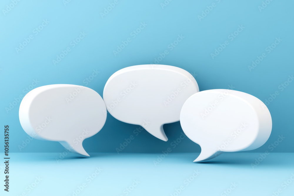 Three empty white speech bubbles on light blue background Three empty white speech bubbles on light blue background