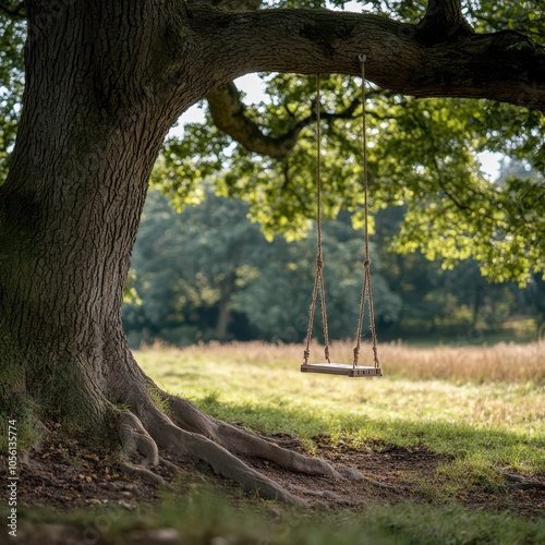 old oak where a wooden swing hangs