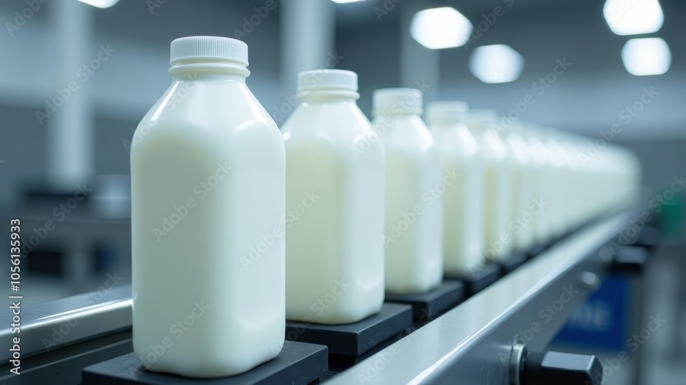 Conveyor belt with white plastic bottles for milk, vitamins and beverages. Factory: modern conveyor belt with plastic bottles. Concept food industry banner, wallpaper with copy space Conveyor belt with white plastic bottles for milk, vitamins and beverages. Factory: modern conveyor belt with plastic bottles. Concept food industry banner, wallpaper with copy space