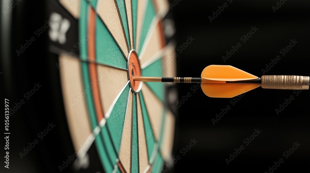 Close-up view of a dart hitting the bullseye on a dartboard with colorful segments and an orange dart flight. Close-up view of a dart hitting the bullseye on a dartboard with colorful segments and an orange dart flight.