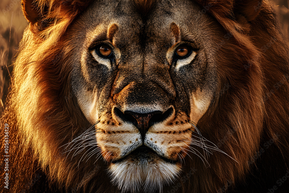 A close-up portrait of a majestic lion with intense golden eyes staring directly at the camera. A close-up portrait of a majestic lion with intense golden eyes staring directly at the camera.