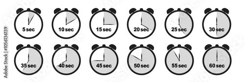 Stopwatch icons set, timer symbol. Countdown from 0 to 60 seconds. Set of timer vector icons on transparent background. photo