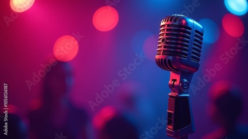 Microphone on colorful neon bokeh background. Speeches Microphone for performance singing karaoke party, Microphones for speaker press conference. Horizontal banner.