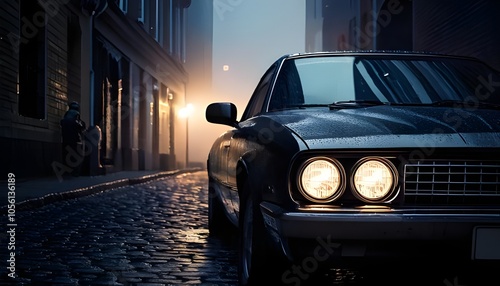 A cinematic close-up shot of a black muscle car with gleaming headlights parked alone in a foggy, narrow alley at dusk.