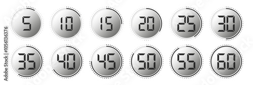 Stopwatch, timer icons set on transparent background. Speed ​​measurements, countdown from 0 to 60 seconds. Stopwatch, Countdown timer vector illustration