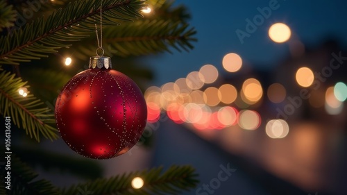 A red and gold christmas ornament hangs on a tree. The lights on the tree are bright and the city is lit up