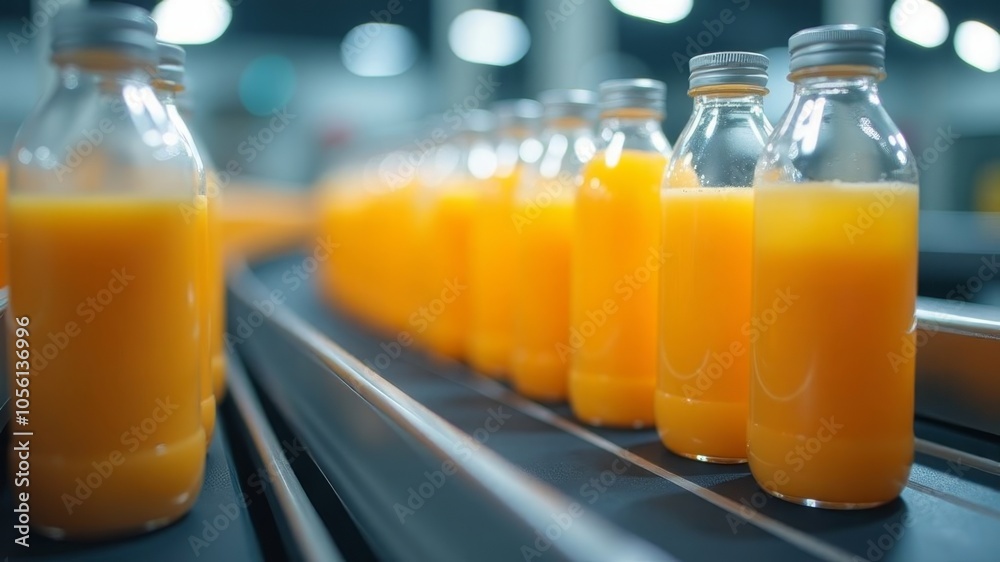 Juice bottles are lined up on a conveyor belt in a modern production facility, showcasing efficiency in beverage manufacturing. Juice bottles are lined up on a conveyor belt in a modern production facility, showcasing efficiency in beverage manufacturing.