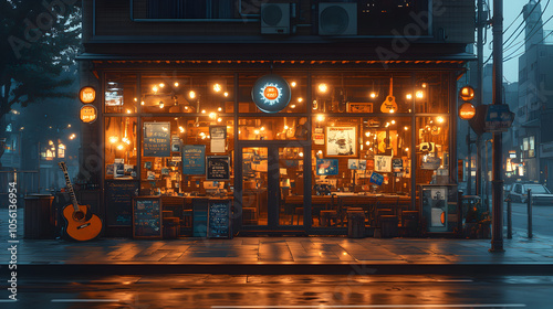 A cozy, dimly lit storefront with string lights and a guitar on the sidewalk, suggesting a music shop or bar.