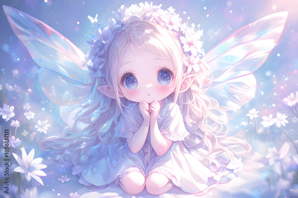 A cute anime fairy with long blonde hair, blue eyes, and iridescent wings sits in a field of flowers.