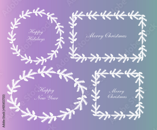 Christmas tree wreath frames set, different shapes vector frames collection