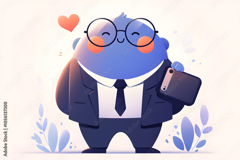 A cute blue monster wearing a suit, glasses, and a tie, holding a phone and blushing. A cute blue monster wearing a suit, glasses, and a tie, holding a phone and blushing.