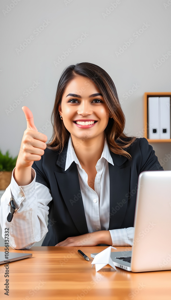 Positive female psychologist gesturing thumb up, working in office and smiling, recommending training course isolated with white highlights, png