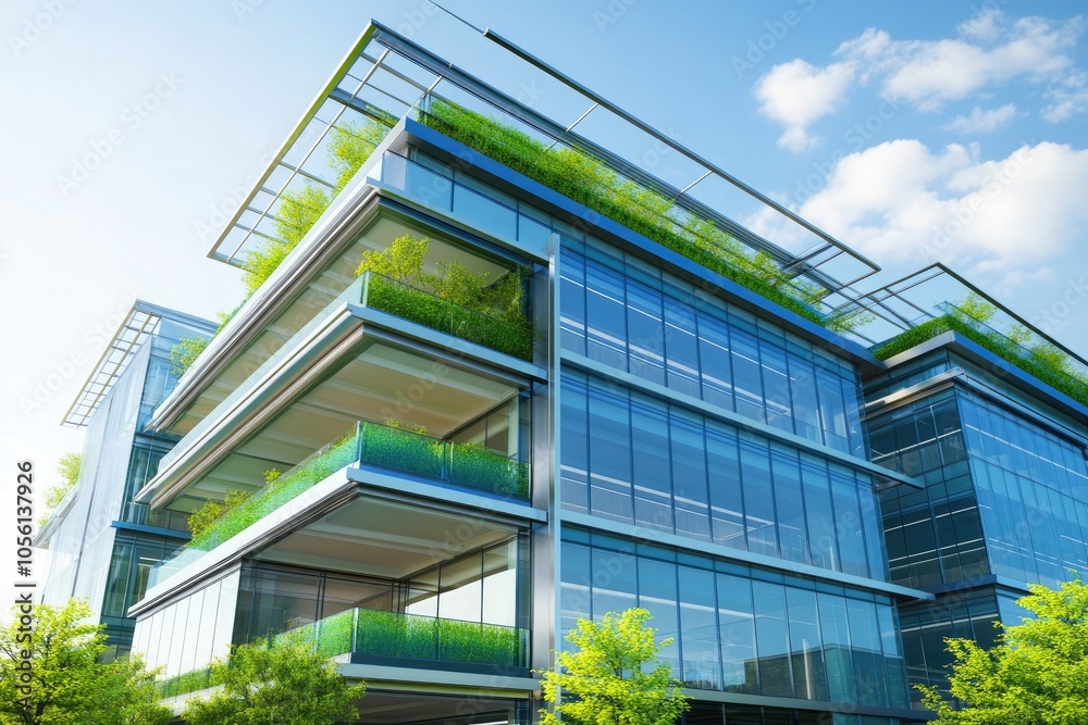 Modern business center with smooth glass walls and sleek metal framework, large green balconies, and eco-friendly design features. Modern business center with smooth glass walls and sleek metal framework, large green balconies, and eco-friendly design features.