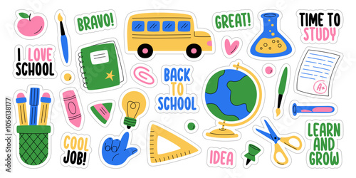 Back to school, education time stickers and motivational quote phrases isolated collection