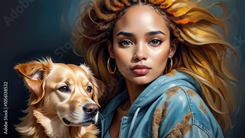 Stylish Young Woman with Her Golden Retriever Companion