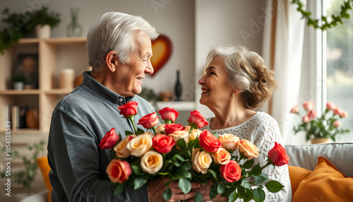 Senior couple celebrating wedding anniversary with roses at home, love connection isolated with white highlights, png