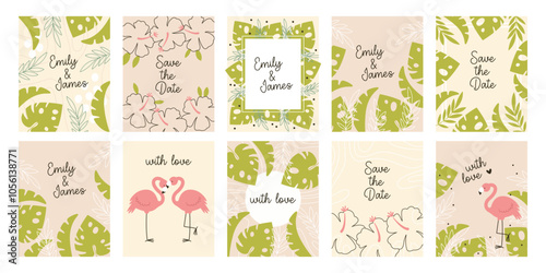Tropical card templates set for wedding invitation, marriage celebration, baby shower congratulation