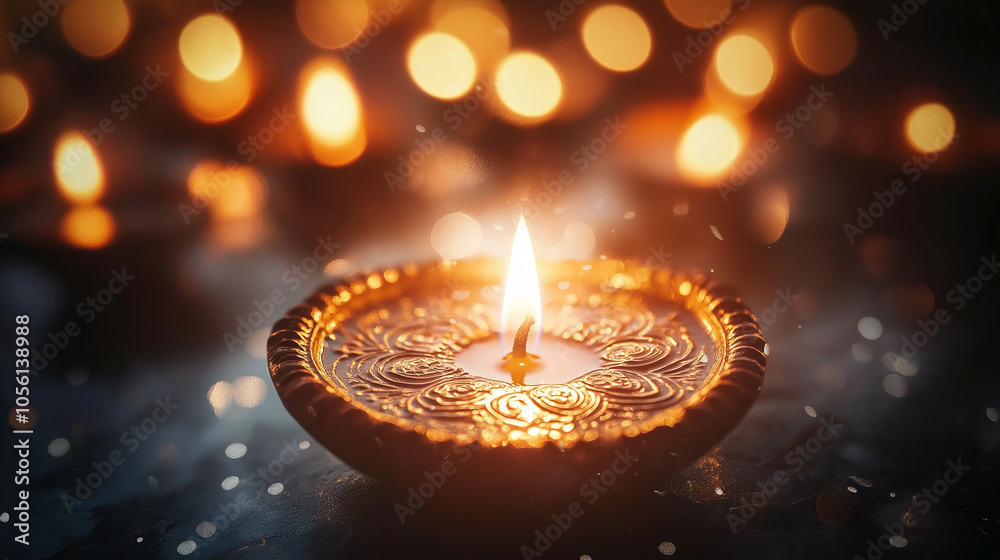 Diwali Diya Lamp with Glowing Bokeh Lights: A traditional diya lamp with a warm flame is illuminated in a soft, festive bokeh background, symbolizing Diwali and the festival of lights.
