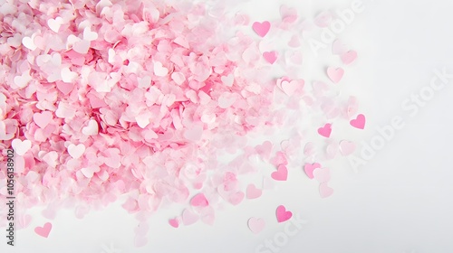 Pink heart confetti scattered on a white background.