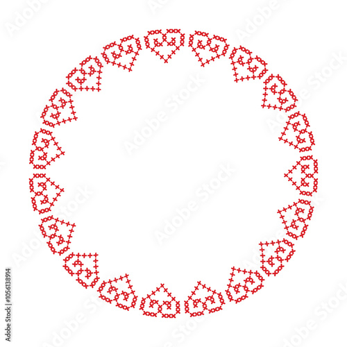 Round frame with motifs of folk embroidery heart, embroidered with a cross