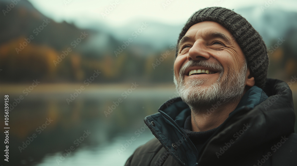 W pięknym naturalnym parku, mężczyzna w wieku 50 lat, z radosnym uśmiechem na twarzy, cieszy się chwilą nad jeziorem. W pięknym naturalnym parku, mężczyzna w wieku 50 lat, z radosnym uśmiechem na twarzy, cieszy się chwilą nad jeziorem.