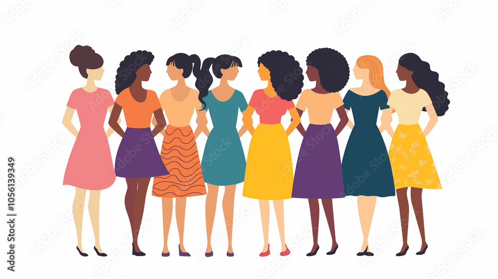 Fototapeta premium Illustration of diverse women standing together in unity in vector style