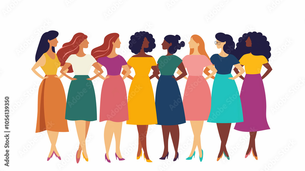 Illustration of diverse women standing together in unity in vector style Illustration of diverse women standing together in unity in vector style