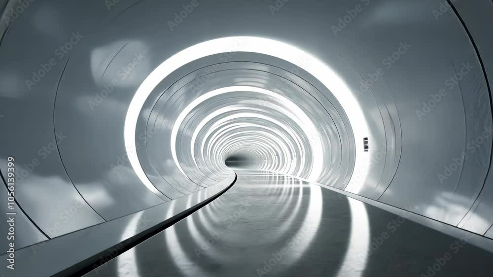 A futuristic tunnel with white circular lights leading to a bright end A futuristic tunnel with white circular lights leading to a bright end