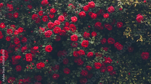 A vibrant wall of red roses in full bloom. photo