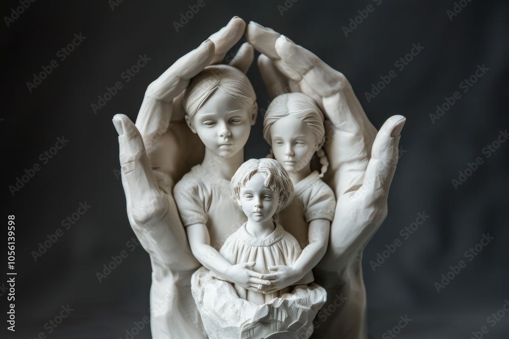 3D sculpture portraying two human hands gently cradling small figures of a girl and boy 3D sculpture portraying two human hands gently cradling small figures of a girl and boy