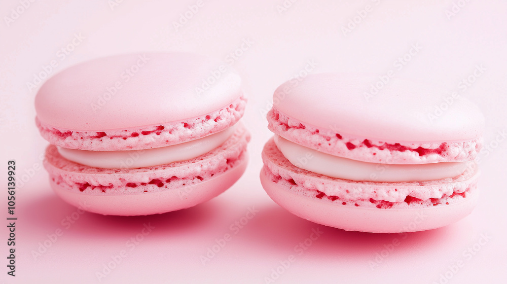 Pink Macarons on Light Pink Background: Two delicate pink macarons placed on a matching light pink background, representing sweet treats and dessert elegance.