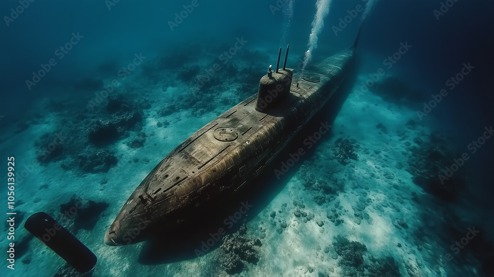 Obraz premium Wojskowa łódź podwodna z charakterystycznym kadłubem zanurza się w mrocznych wodach.