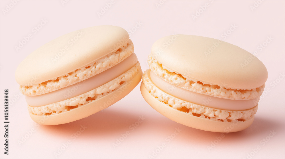 Two Vanilla Macarons on Soft Background: A close-up of two vanilla macarons on a soft pink background, highlighting simplicity and delicate elegance in a dessert. Two Vanilla Macarons on Soft Background: A close-up of two vanilla macarons on a soft pink background, highlighting simplicity and delicate elegance in a dessert.