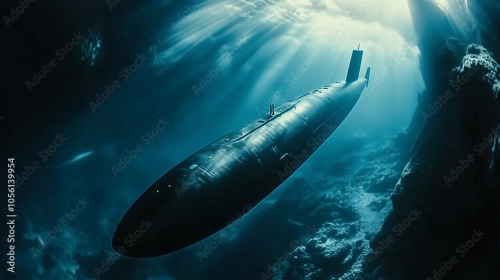 Obraz premium Wojskowa łódź podwodna z charakterystycznym kadłubem zanurza się w mrocznych wodach.
