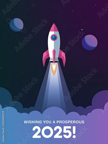 Colorful Rocket in Space: A vibrant digital illustration featuring a rocket launching into a starry background, perfect for New Year greetings.