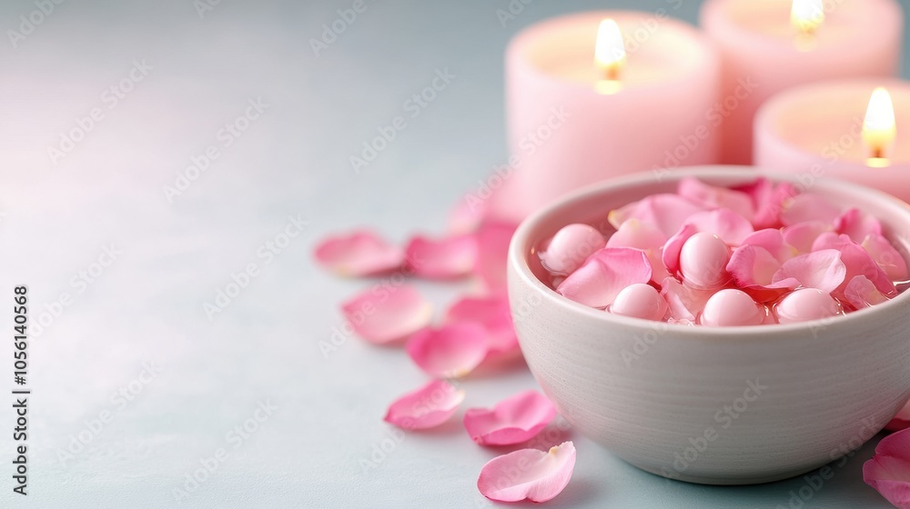 Pink rose petals float in a bowl of water, surrounded by lit candles, AI Pink rose petals float in a bowl of water, surrounded by lit candles, AI