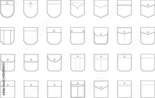 Patch pocket icon for clothing. Patch pockets with and without buttons zipper rivets line icons set isolated on white. Clothing design elements collection. Isolated vector illustration.