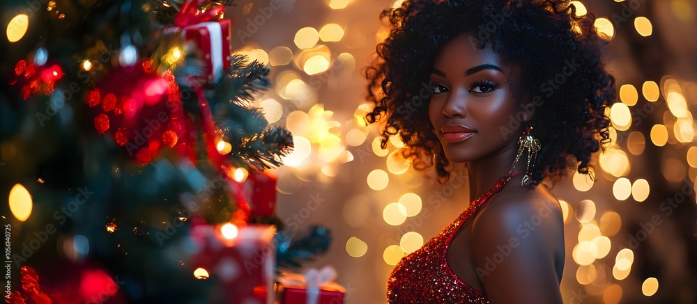 Young, beautiful and elegant woman, dressed in red dress, standing and posing in front of Christmas tree with lights in bokeh background. Christmas concept Young, beautiful and elegant woman, dressed in red dress, standing and posing in front of Christmas tree with lights in bokeh background. Christmas concept