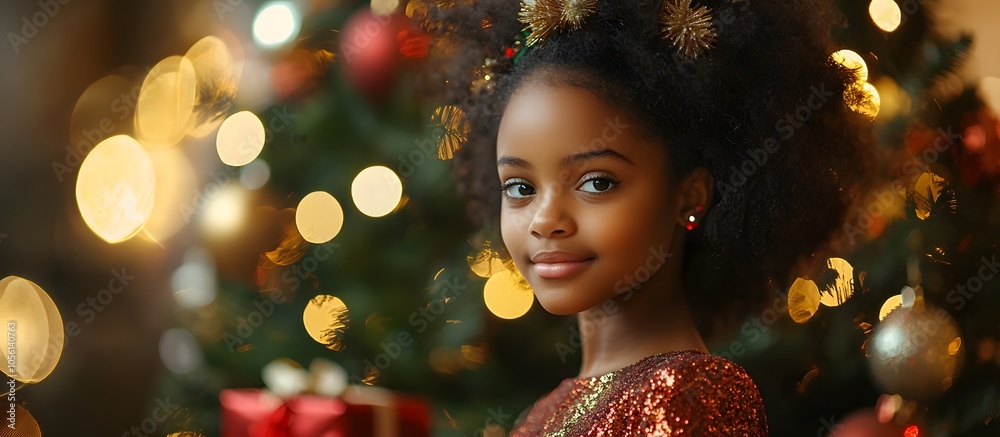 Stylish little African American girl, dressed in red dress, standing and posing in front of Christmas tree with lights in bokeh background. Christmas concept