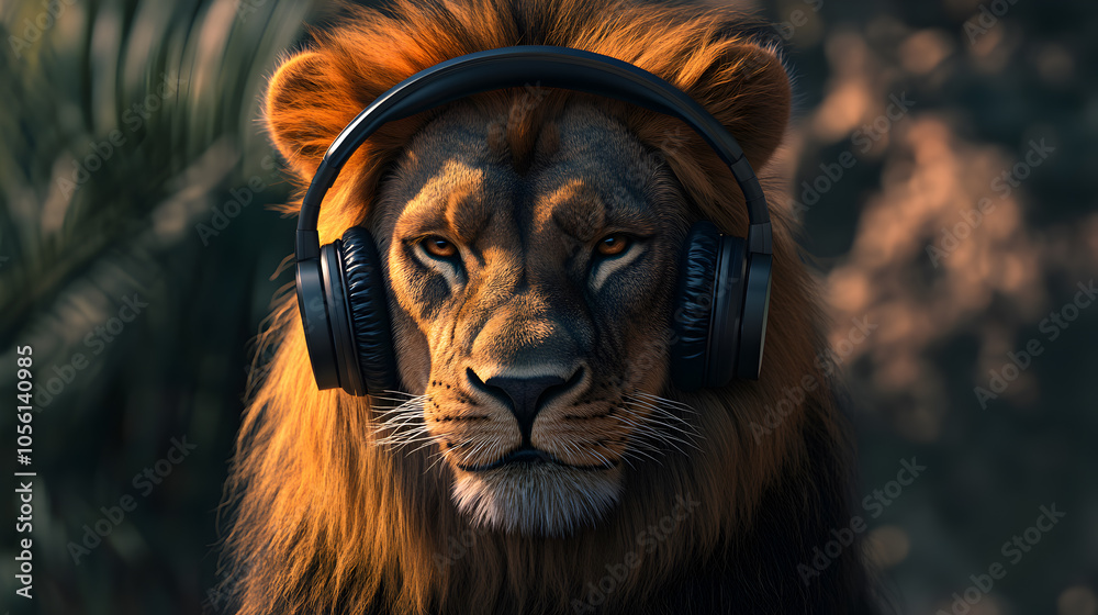 A majestic lion wearing headphones, looking directly at the camera. A majestic lion wearing headphones, looking directly at the camera.